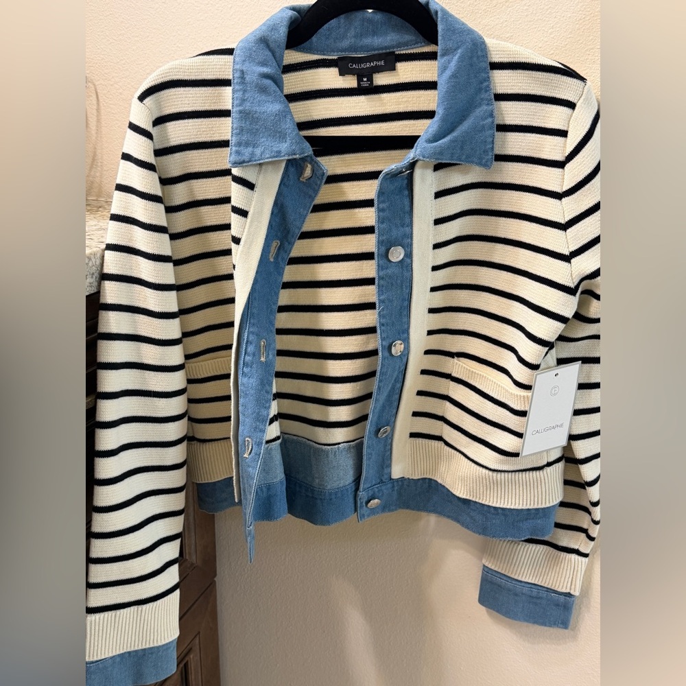 NWT. Calligraphie Striped Knit Jacket with Denim Trim - Ivory & Navy